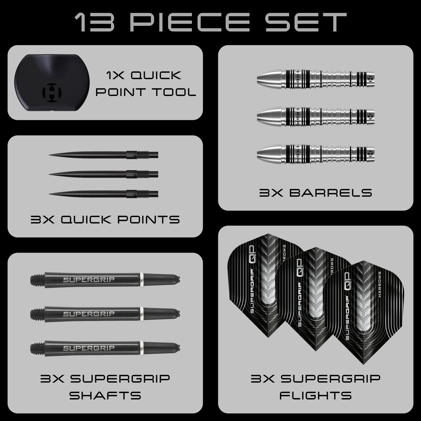 Harrows Supergrip Bomb 90% Tungsten Quick Point Steel Tip Dart Set