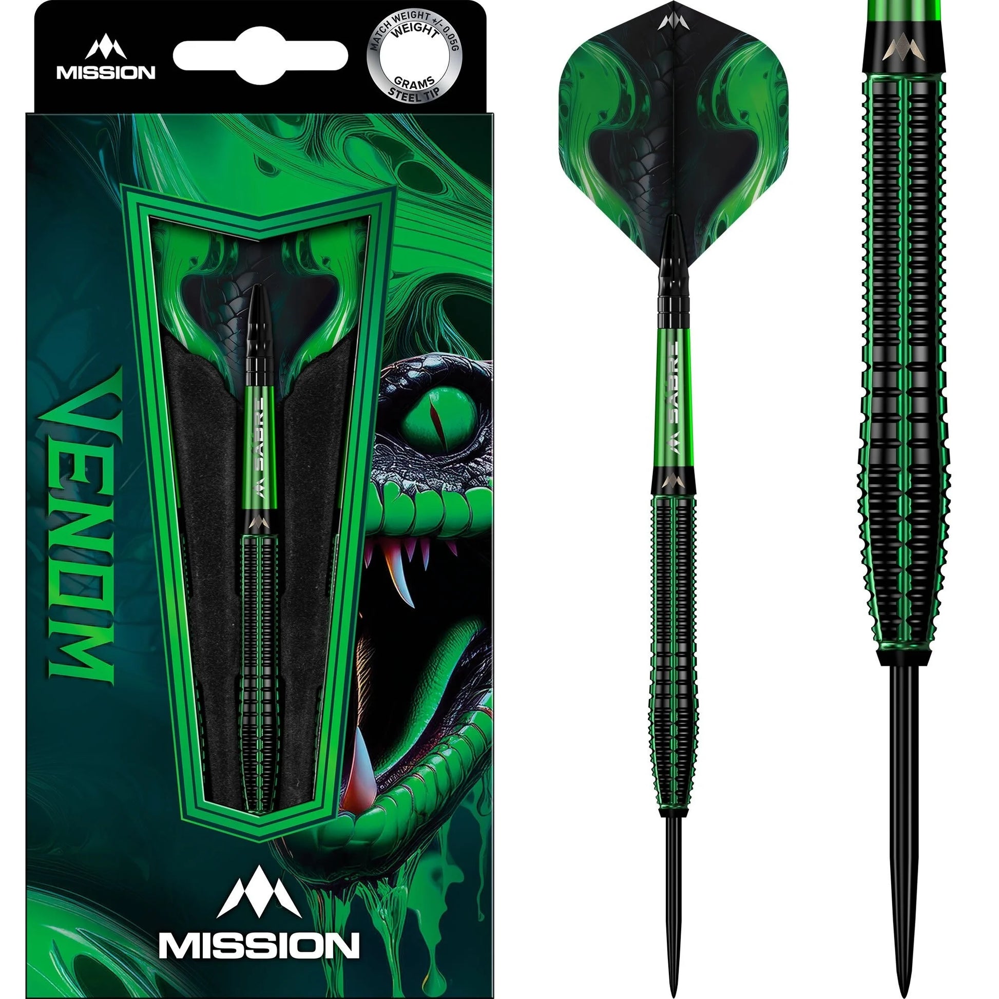 Mission Venom Black & Green Electro Plated 90% Tungsten Steel Tip Dart Set image 0
