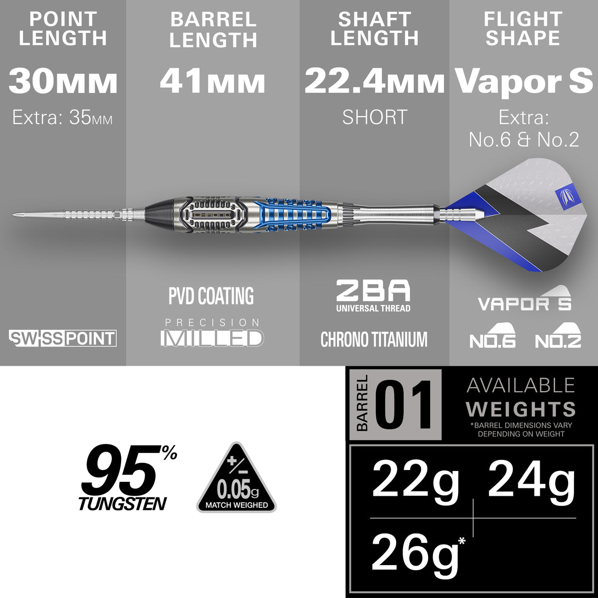 Target Phil Taylor Power Chrono 95% Tungsten Swiss Point Steel Tip Dart Set