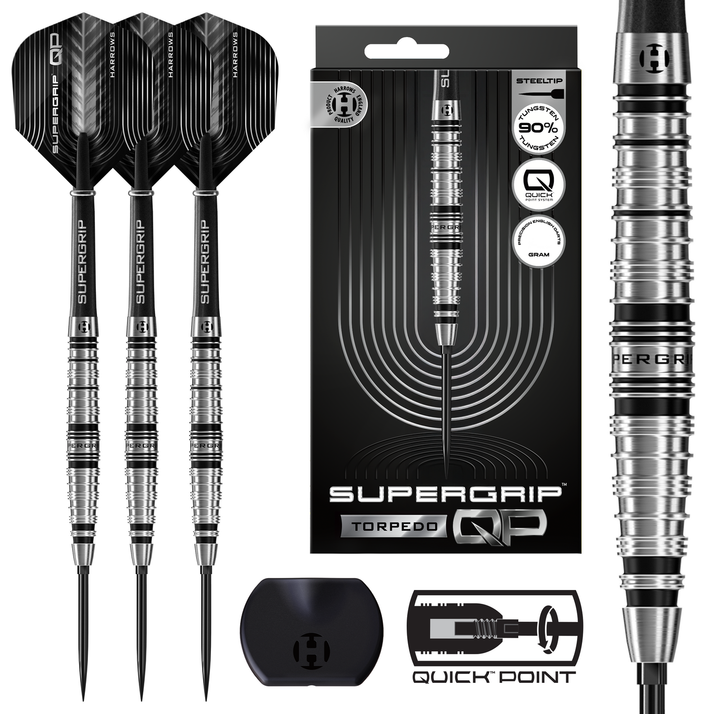 Harrows Supergrip Torpedo 90% Tungsten Quick Point Steel Tip Dart Set