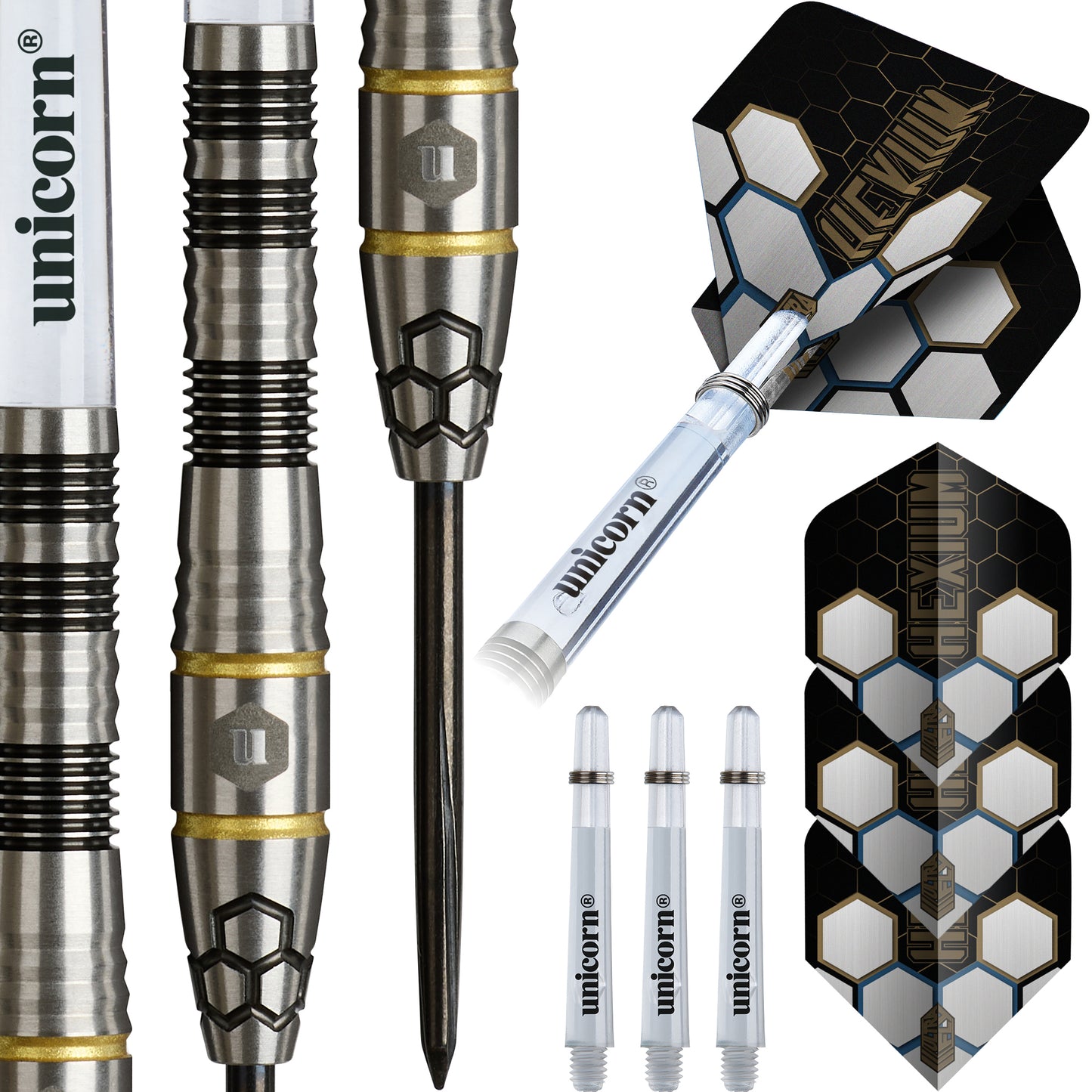 Unicorn Hexium 1 Black & Gold 90% Tungsten Steel Tip Dart Set