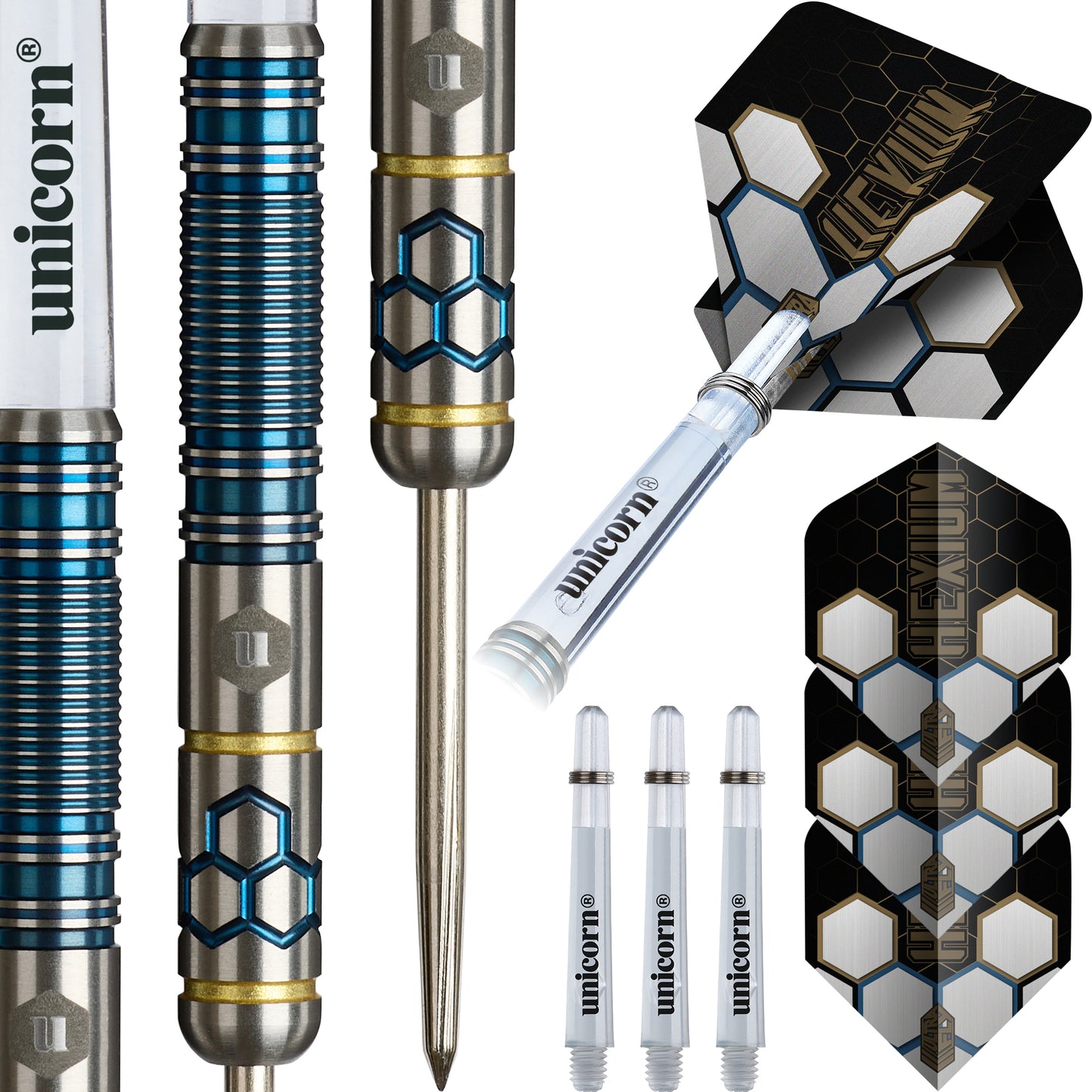 Unicorn Hexium 2 Blue & Gold 90% Tungsten Steel Tip Dart Set