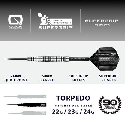 Harrows Supergrip Torpedo 90% Tungsten Quick Point Steel Tip Dart Set