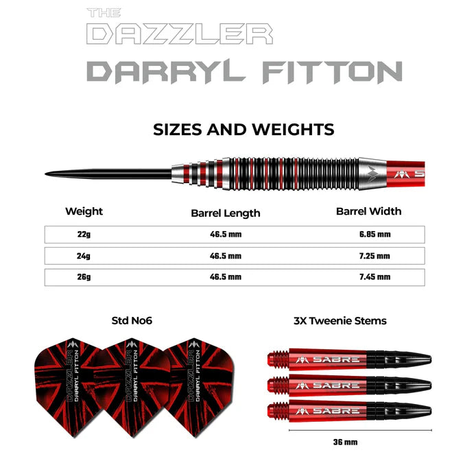 Mission Darryl Fitton Electro Black & Red 95% Tungsten Steel Tip Dart Set