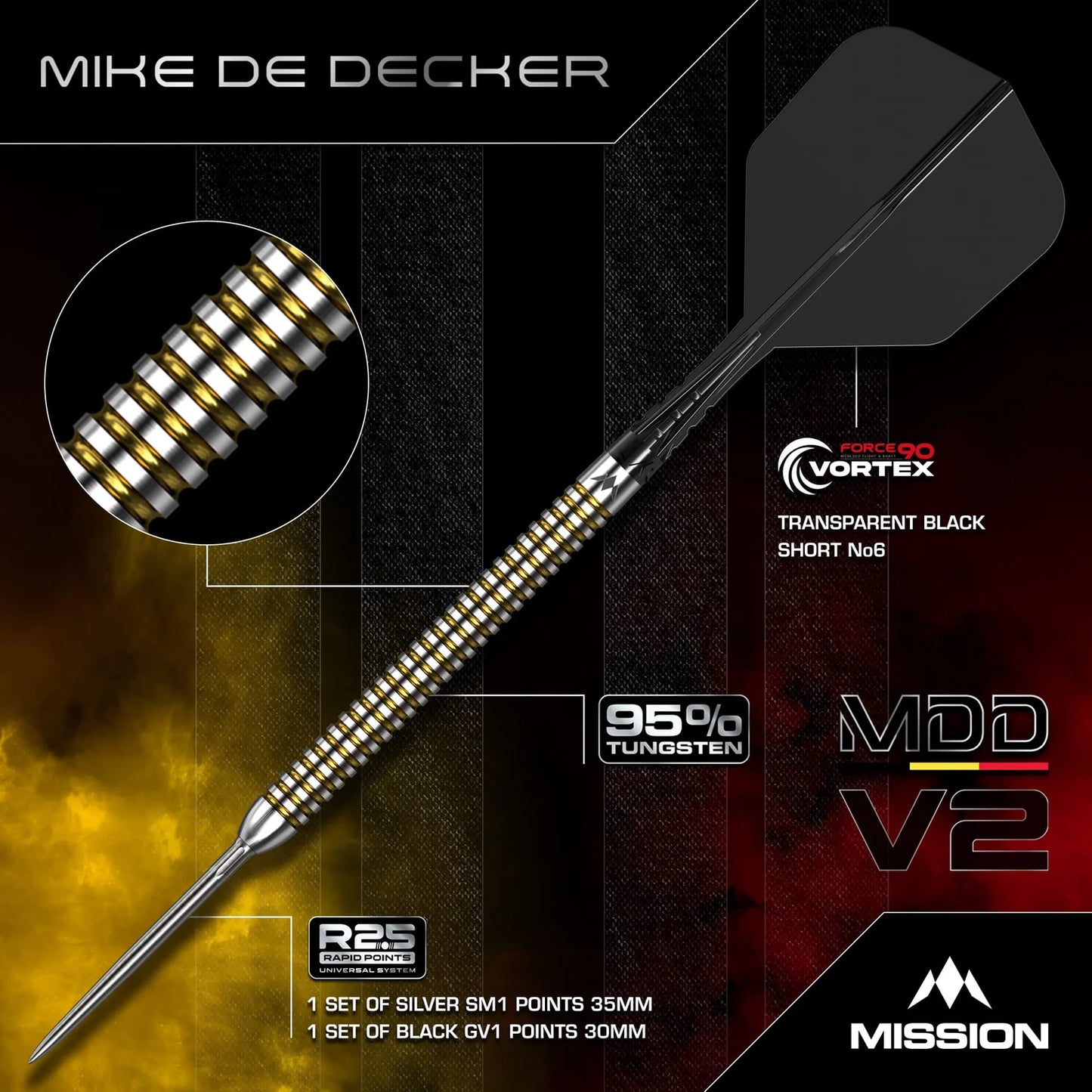 Mission Mike De Decker V2 Silver & Gold R2.5 95% Tungsten Steel Tip Dart Set