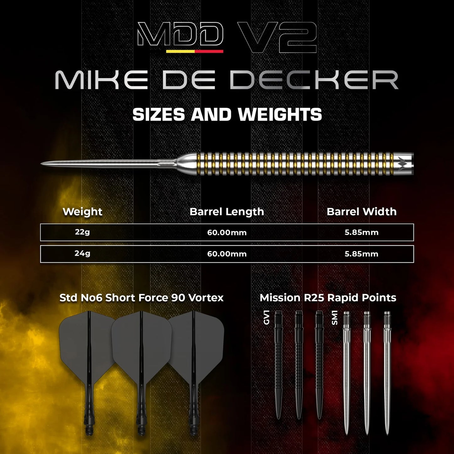 Mission Mike De Decker V2 Silver & Gold R2.5 95% Tungsten Steel Tip Dart Set