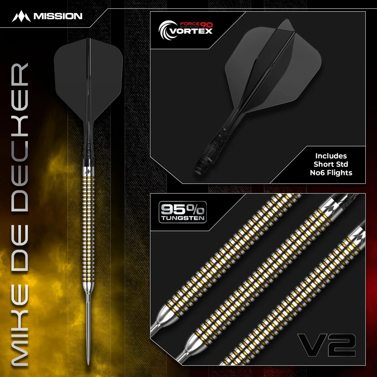Mission Mike De Decker V2 Silver & Gold R2.5 95% Tungsten Steel Tip Dart Set
