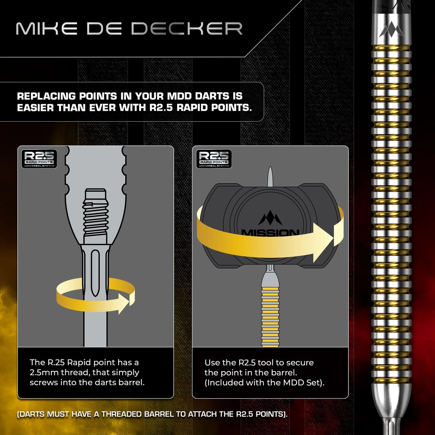 Mission Mike De Decker V2 Silver & Gold R2.5 95% Tungsten Steel Tip Dart Set