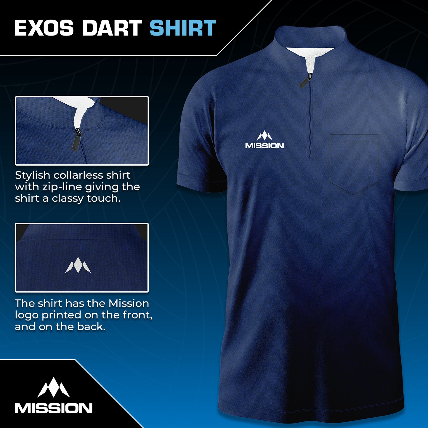 Mission EXOS Cool Collarless Navy Blue Dart Shirt