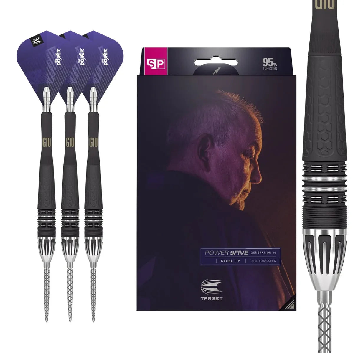 Target Phil Taylor Power 9Five G10 95% Tungsten Swiss Point Steel Tip Dart Set