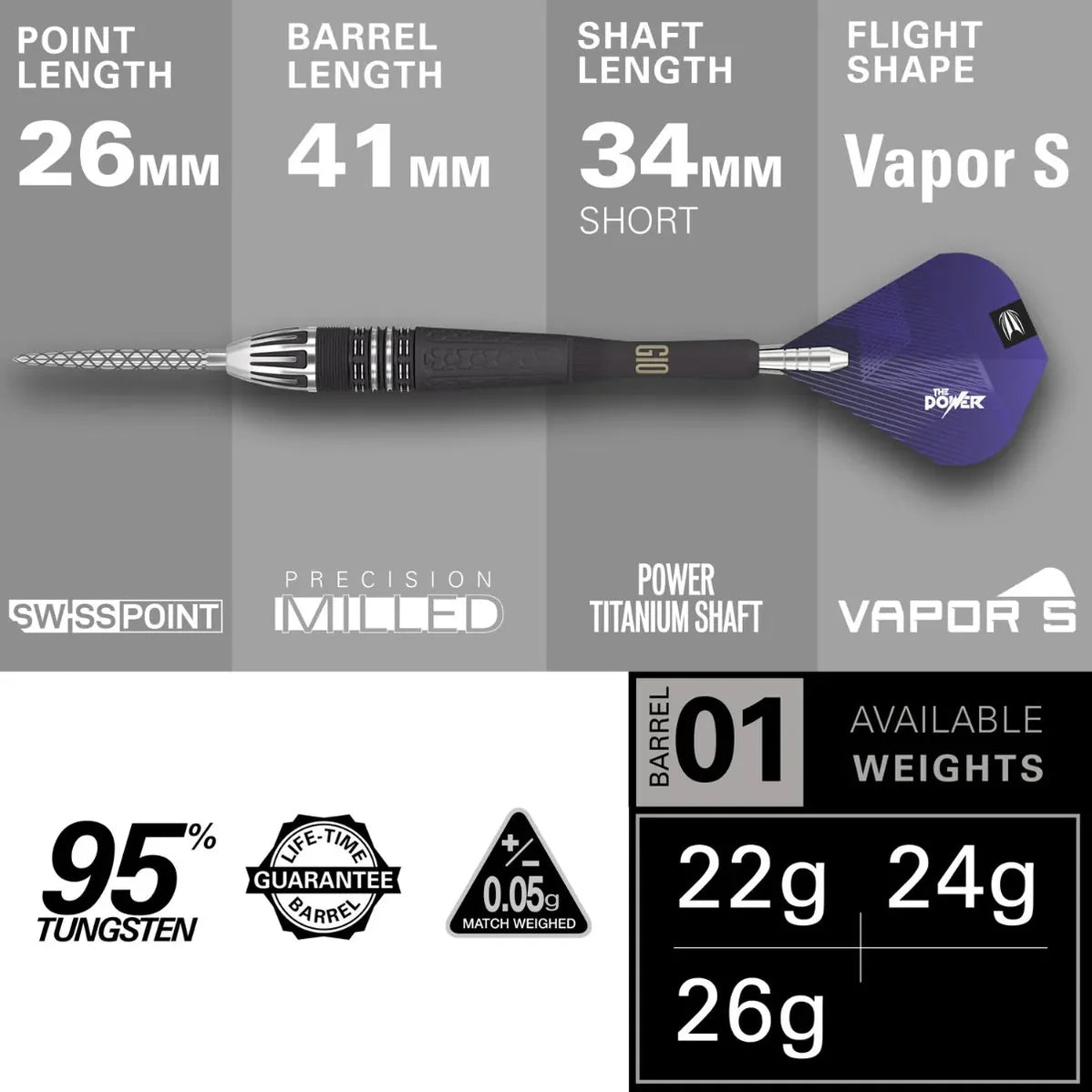 Target Phil Taylor Power 9Five G10 95% Tungsten Swiss Point Steel Tip Dart Set