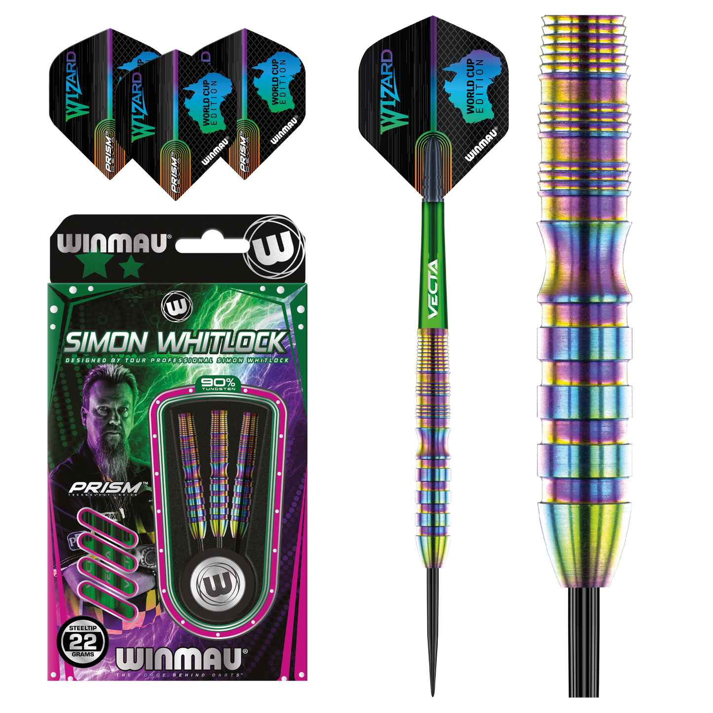 Winmau Simon Whitlock World Cup SE Rainbow 90% Tungsten Steel Tip Dart Set image 0